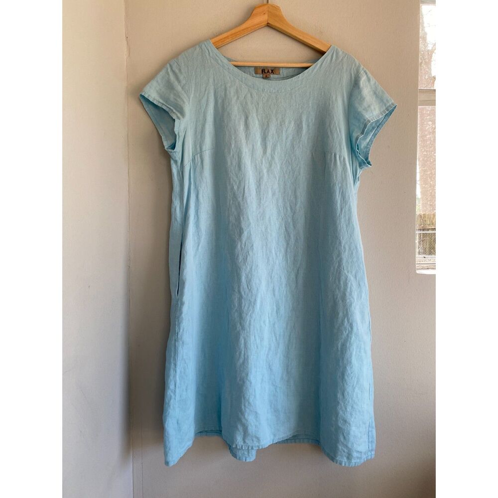 Rare FLAX Tuck Back Dress - Linen Shift Dress in Aqua Blue 100% Linen Size Small
